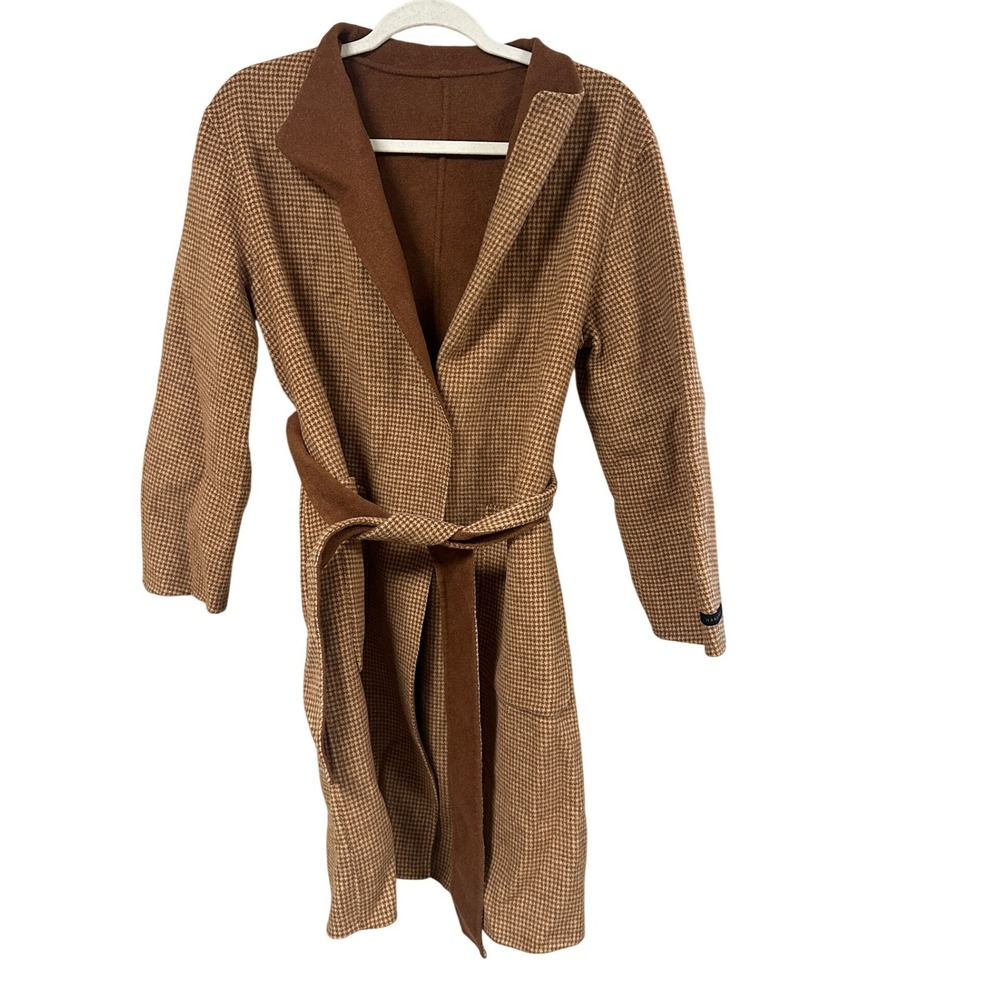 Zio Songzio Mens Wool Handmade Houndstooth Wrap Coat Brown Tan Size 90